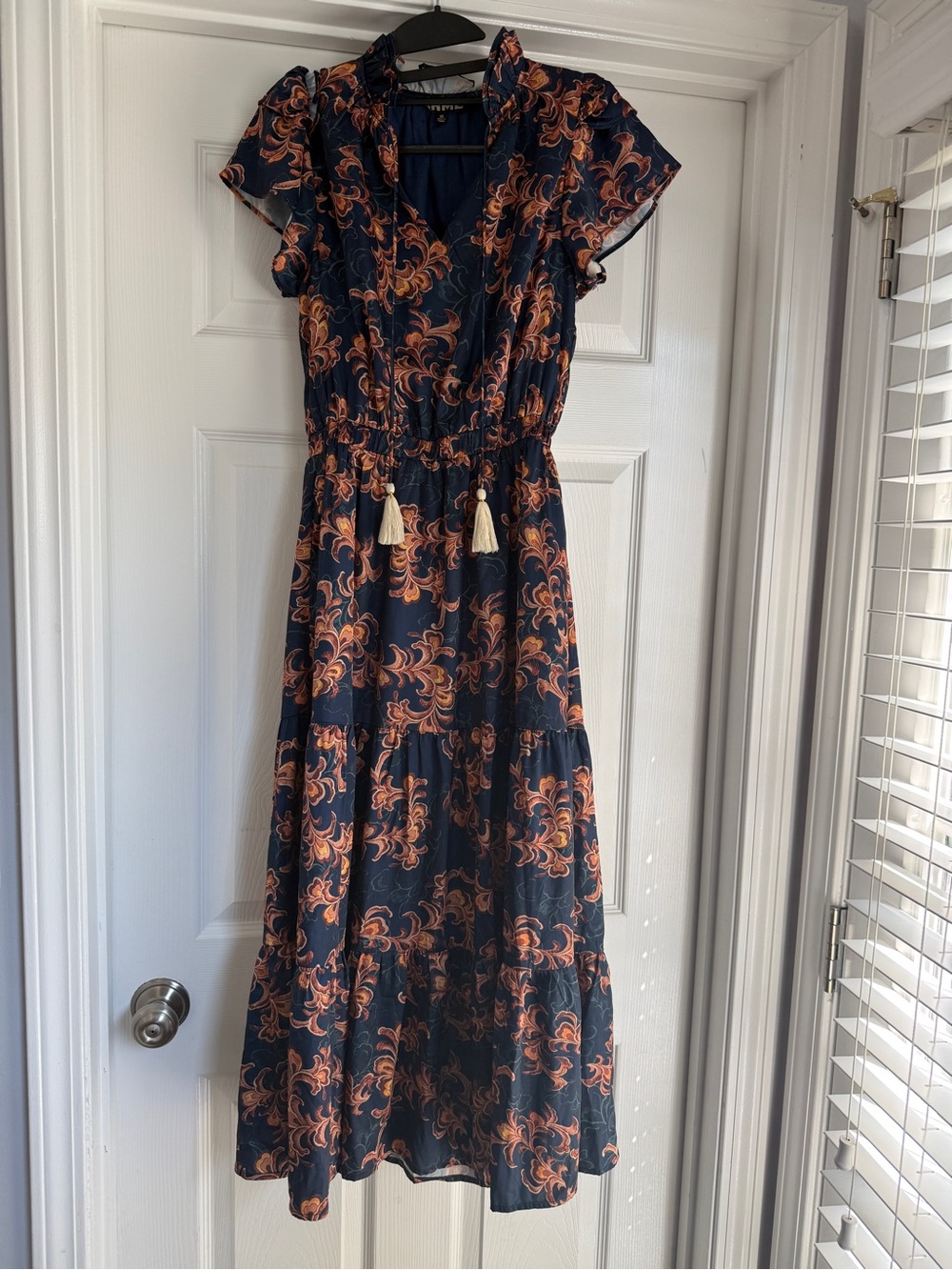 THML Anthropologie Navy Blue Paisley Tiered Maxi Dress Size XS